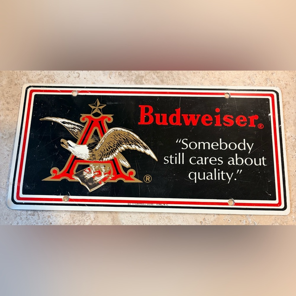 Budweiser 77 Vintage Metal Sign with Red and Gold Accents